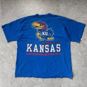 90s Vintage Kansas Jayhawks Distressed Repaired Salem Blue T Shirt Size XXL